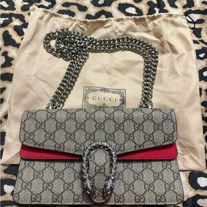Gucci Beige and Red Shoulder Bag with Silver Chain